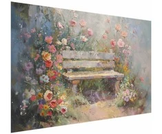 Artgeist Plakatas - Flowery bench - impressionist painting full of flowers