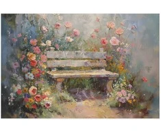 Artgeist Plakatas - Flowery bench - impressionist painting full of flowers