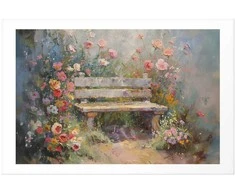 Artgeist Plakatas - Flowery bench - impressionist painting full of flowers