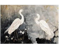 Artgeist Plakatas - Herons and Cherry Blossom - oriental-style illustration depicting birds
