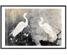 Artgeist Plakatas - Herons and Cherry Blossom - oriental-style illustration depicting birds