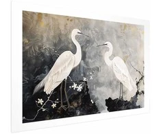 Artgeist Plakatas - Herons and Cherry Blossom - oriental-style illustration depicting birds