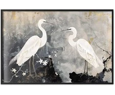 Artgeist Plakatas - Herons and Cherry Blossom - oriental-style illustration depicting birds