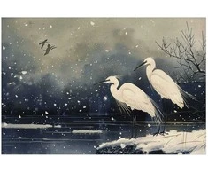 Artgeist Plakatas - Herons over a Winter Pond - illustration in the Japanese style in dark colors