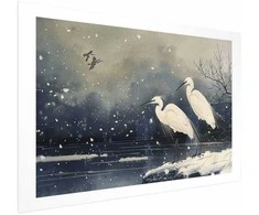 Artgeist Plakatas - Herons over a Winter Pond - illustration in the Japanese style in dark colors