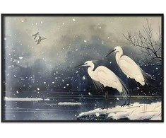 Artgeist Plakatas - Herons over a Winter Pond - illustration in the Japanese style in dark colors