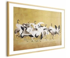 Artgeist Plakatas - Japanese Cranes - a flock of birds against a golden background based on the painting of Ishida Yūtei