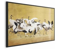 Artgeist Plakatas - Japanese Cranes - a flock of birds against a golden background based on the painting of Ishida Yūtei