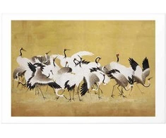 Artgeist Plakatas - Japanese Cranes - a flock of birds against a golden background based on the painting of Ishida Yūtei