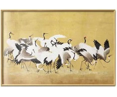 Artgeist Plakatas - Japanese Cranes - a flock of birds against a golden background based on the painting of Ishida Yūtei