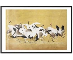 Artgeist Plakatas - Japanese Cranes - a flock of birds against a golden background based on the painting of Ishida Yūtei