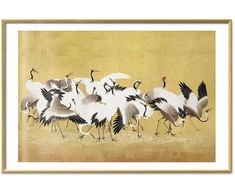 Artgeist Plakatas - Japanese Cranes - a flock of birds against a golden background based on the painting of Ishida Yūtei