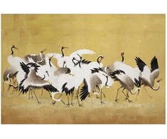 Artgeist Plakatas - Japanese Cranes - a flock of birds against a golden background based on the painting of Ishida Yūtei