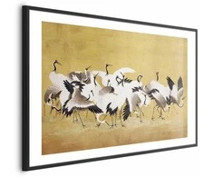 Artgeist Plakatas - Japanese Cranes - a flock of birds against a golden background based on the painting of Ishida Yūtei