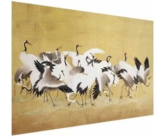 Artgeist Plakatas - Japanese Cranes - a flock of birds against a golden background based on the painting of Ishida Yūtei