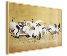 Artgeist Plakatas - Japanese Cranes - a flock of birds against a golden background based on the painting of Ishida Yūtei