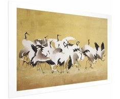 Artgeist Plakatas - Japanese Cranes - a flock of birds against a golden background based on the painting of Ishida Yūtei