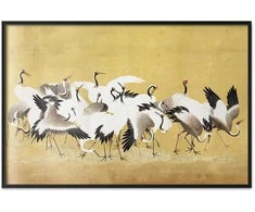 Artgeist Plakatas - Japanese Cranes - a flock of birds against a golden background based on the painting of Ishida Yūtei