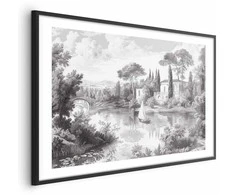 Artgeist Plakatas - Juodas-and-Baltas Vintage Landscape with a Pond