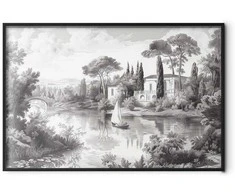 Artgeist Plakatas - Juodas-and-Baltas Vintage Landscape with a Pond
