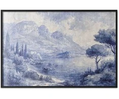 Artgeist Plakatas - Mėlyna Bay - Italian Landscape of Lake Como Painted in Mėlyna Ink