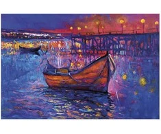 Artgeist Plakatas - Modern impressionism - night landscape of a lake with a floating boat