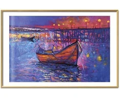 Artgeist Plakatas - Modern impressionism - night landscape of a lake with a floating boat