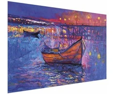 Artgeist Plakatas - Modern impressionism - night landscape of a lake with a floating boat