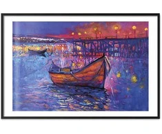 Artgeist Plakatas - Modern impressionism - night landscape of a lake with a floating boat