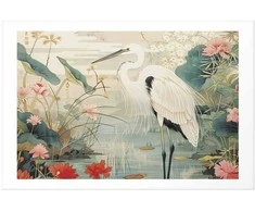 Artgeist Plakatas - Over the Asian Pond - illustration in the Japanese print style featuring a heron