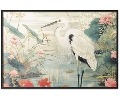 Artgeist Plakatas - Over the Asian Pond - illustration in the Japanese print style featuring a heron