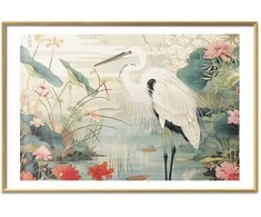 Artgeist Plakatas - Over the Asian Pond - illustration in the Japanese print style featuring a heron