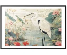 Artgeist Plakatas - Over the Asian Pond - illustration in the Japanese print style featuring a heron
