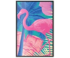 Artgeist Plakatas - Rožinė Flamingo - abstract flamingo against a background of palm trees and ice cubes