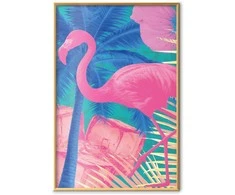 Artgeist Plakatas - Rožinė Flamingo - abstract flamingo against a background of palm trees and ice cubes