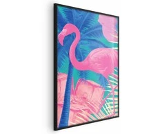 Artgeist Plakatas - Rožinė Flamingo - abstract flamingo against a background of palm trees and ice cubes