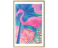 Artgeist Plakatas - Rožinė Flamingo - abstract flamingo against a background of palm trees and ice cubes