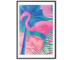 Artgeist Plakatas - Rožinė Flamingo - abstract flamingo against a background of palm trees and ice cubes