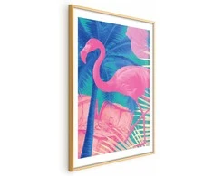 Artgeist Plakatas - Rožinė Flamingo - abstract flamingo against a background of palm trees and ice cubes