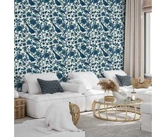 Artgeist Tapetas - Birds and roses - monochrome mėlynas pattern with botanical motif
