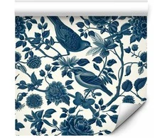 Artgeist Tapetas - Birds and roses - monochrome mėlynas pattern with botanical motif
