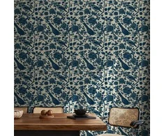 Artgeist Tapetas - Birds and roses - monochrome mėlynas pattern with botanical motif