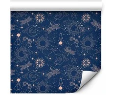 Artgeist Tapetas - Cosmic Fantasy - Pattern with Suns - Moons - and Dragonflies on a Dark Background.