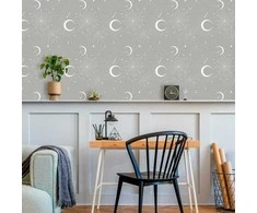 Artgeist Tapetas - Cosmic Fireworks - Elegant pattern with moons and stars on a pilka background.
