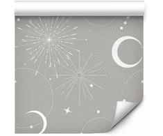 Artgeist Tapetas - Cosmic Fireworks - Elegant pattern with moons and stars on a pilka background.