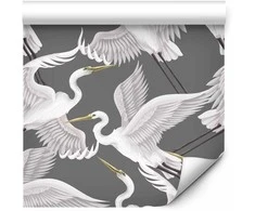Artgeist Tapetas - Flying birds – a delicate pattern of baltas and pilkas herons on a pilkas background