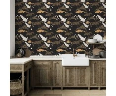 Artgeist Tapetas - Oriental impressions - decorative pattern with a motif of flying cranes on a dark background