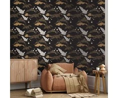 Artgeist Tapetas - Oriental impressions - decorative pattern with a motif of flying cranes on a dark background