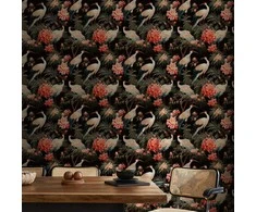 Artgeist Tapetas - Ornament with birds - silhouettes of cranes and peony flowers on a dark background