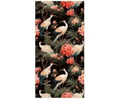 Artgeist Tapetas - Ornament with birds - silhouettes of cranes and peony flowers on a dark background